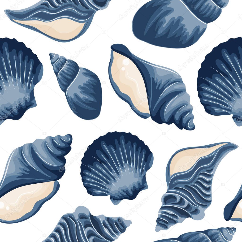 Seamless pattern with a set of various blue icons of seashells, clams, shells and seashells, for various summer or marine designs