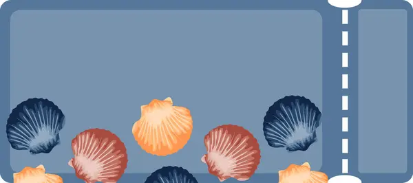 Deniz temalı bir kupon, yani mavi arka planda çeşitli şekillerde renkli deniz kabukları.