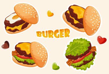 Dünya Burger Günü için çeşitli çıkartmalar. Çeşitli hamburgerler, çeşitli malzemeler ve yazıtlar.