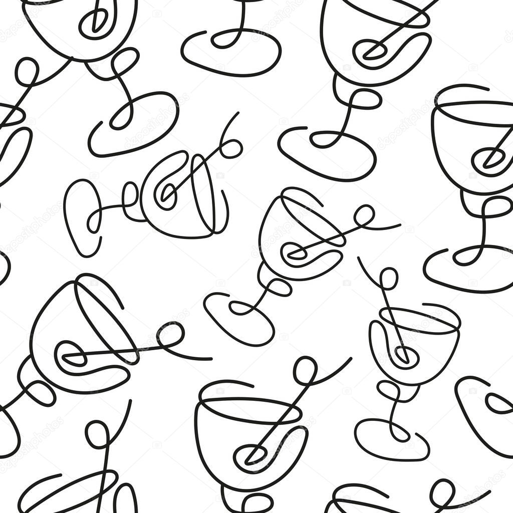Seamless pattern with a figured martini glass with an olive inside drawn with several lines in line art style arranged randomly
