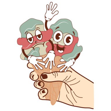 Eski moda tarzında mutlu ve üzgün yüzleri olan iki dondurma külahını tutan bir elin simgeleri