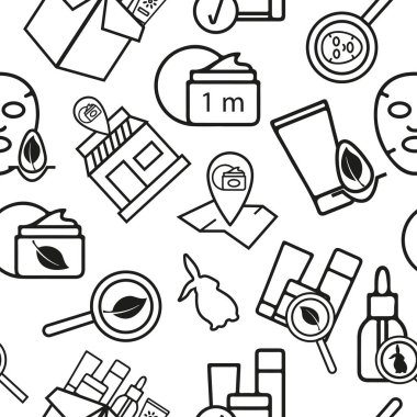 Cilt bakımı temasındaki simgelerin deseni, yüz bakımı için çeşitli kozmetik ürünler, siyah bir hatla çizilmiş.