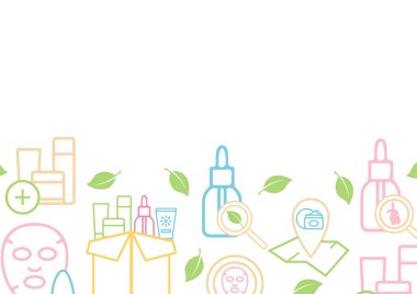 Yüz bakımı için farklı renklerde çizilmiş çeşitli kozmetik ürünler, cilt bakımı temalı simgeler içeren poster