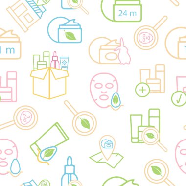 Cilt bakımı temasındaki simge deseni, farklı renklerde çizilmiş yüz bakımı için çeşitli kozmetik ürünler