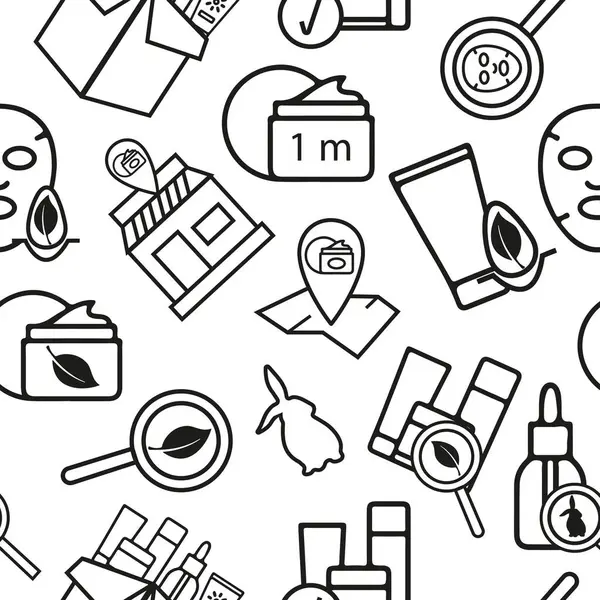 Cilt bakımı temasındaki simgelerin deseni, yüz bakımı için çeşitli kozmetik ürünler, siyah bir hatla çizilmiş.