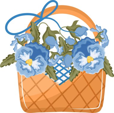 Çiçekli dikdörtgen hasır sepetin ikonu, yani mavi nonoş tomurcukları, baskı, reklam veya ambalaj için.