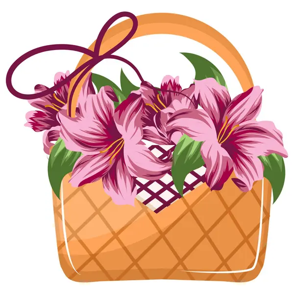 Çiçekli dikdörtgen hasır sepetin simgesi, yani pembe zambak tomurcukları, baskı, reklam veya ambalaj için.