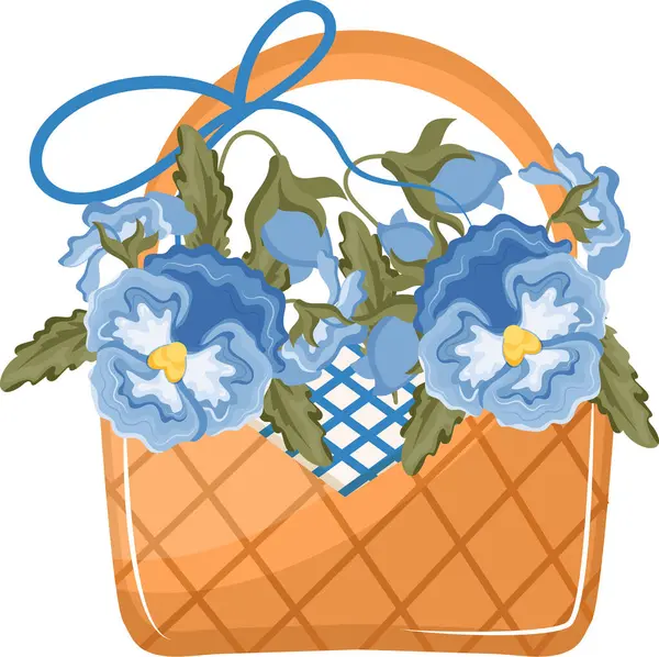Çiçekli dikdörtgen hasır sepetin ikonu, yani mavi nonoş tomurcukları, baskı, reklam veya ambalaj için.