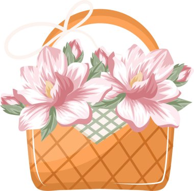 Çeşitli tasarımlar için pembe manolya çiçekleriyle hasır bir sepetin simgesi