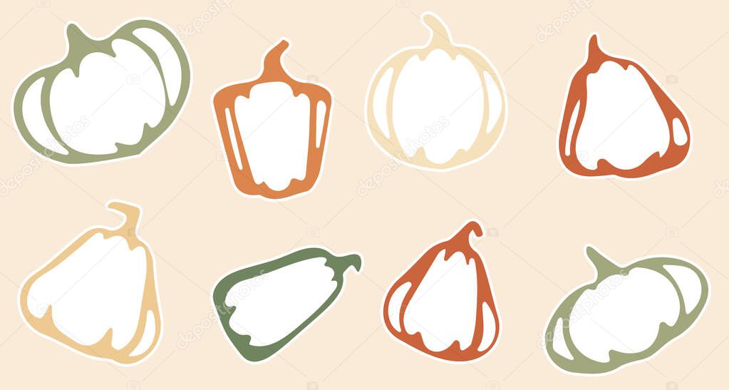 Set of stickers with images of various pumpkins of different shapes and sizes, for printing and social networks