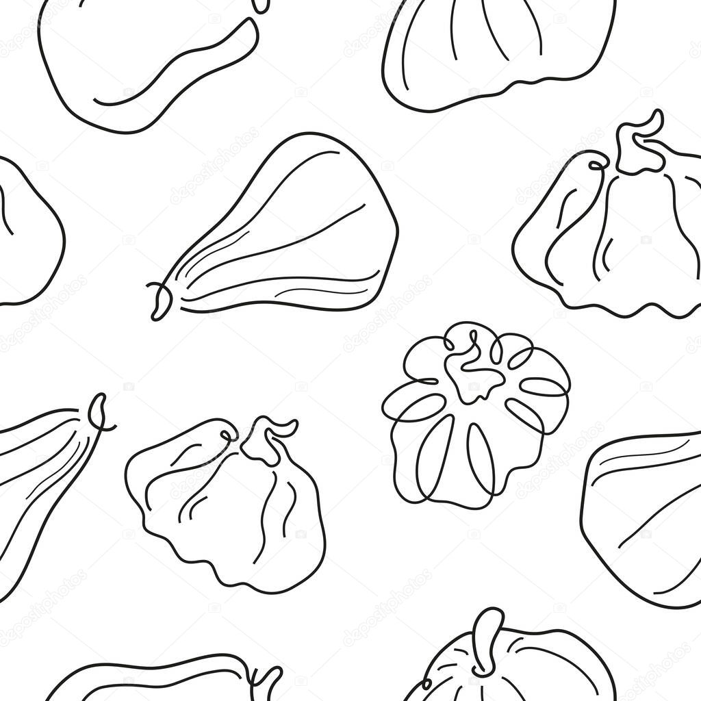 Seamless pattern with a set of pumpkins of various shapes in line art style drawn with several lines, for logos or patterns