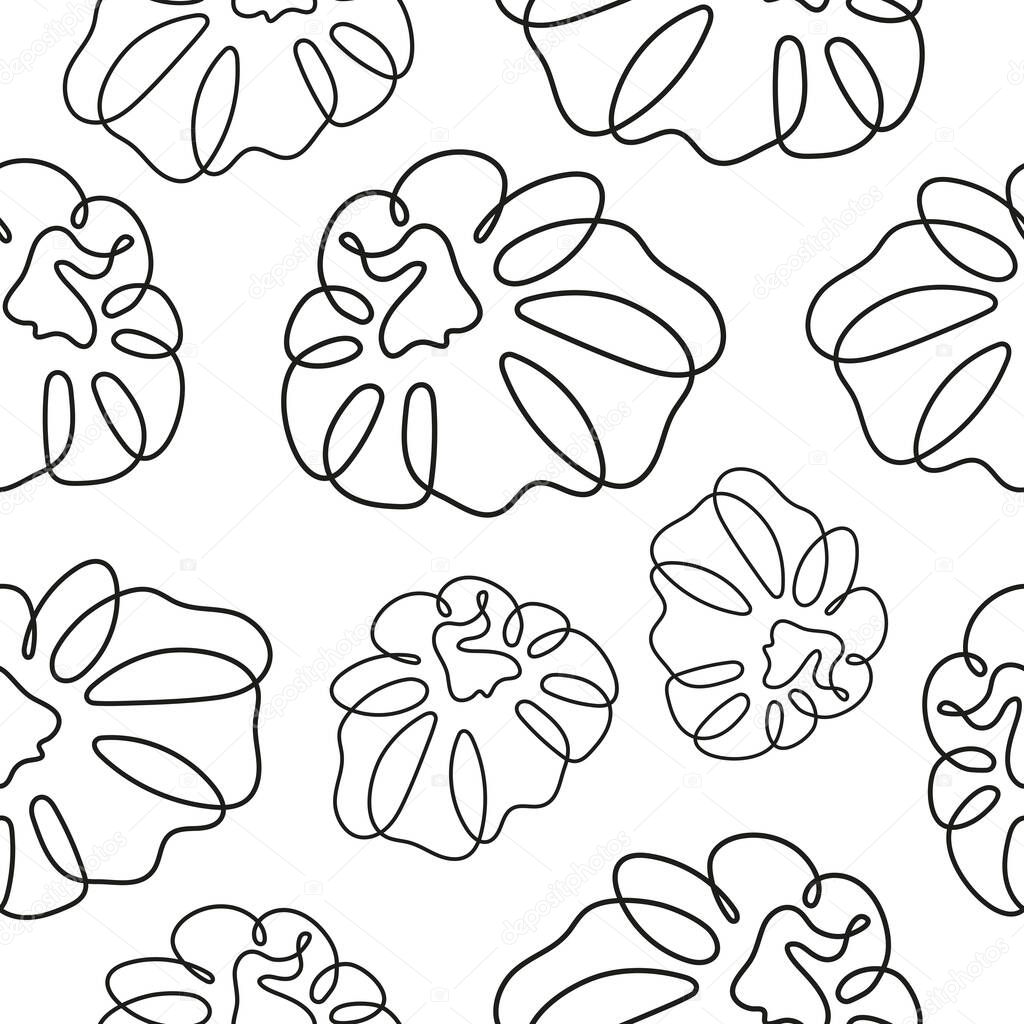 Seamless pattern with a simple icon in line art style with a round ripe pumpkin drawn with chaotic lines without a background, for logos or patterns