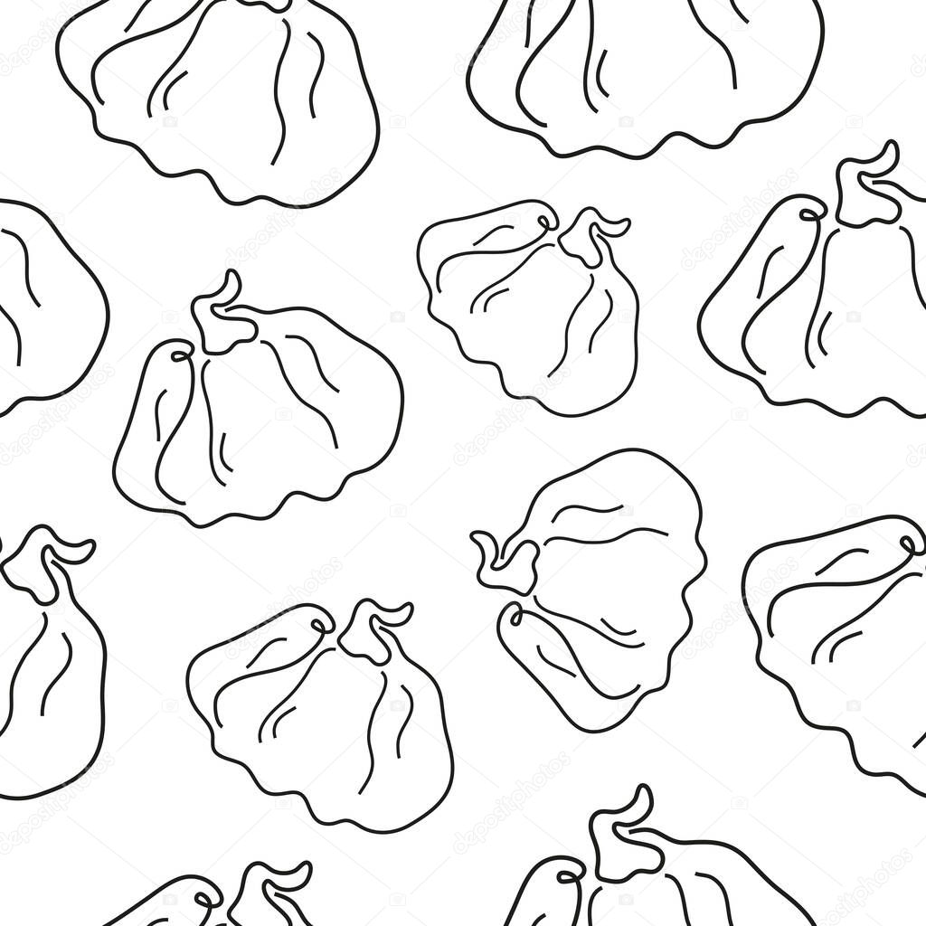 Seamless pattern with a simple icon in line art style with a round ripe pumpkin with a tail without a background, for logos or patterns