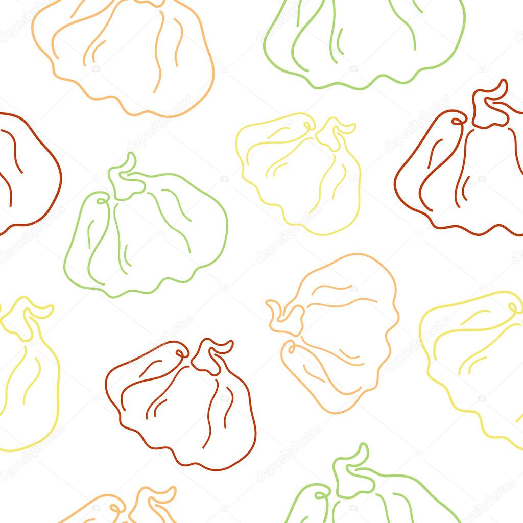 Seamless pattern with a simple icon in line art style with a round ripe pumpkin with a tail drawn with colorful outlines, for logos or patterns