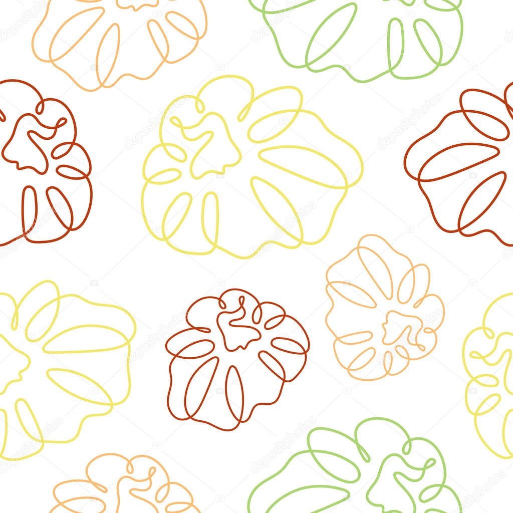 Seamless pattern with a simple icon in line art style with a round ripe pumpkin drawn with chaotic multicolored lines without a background, for logos or patterns