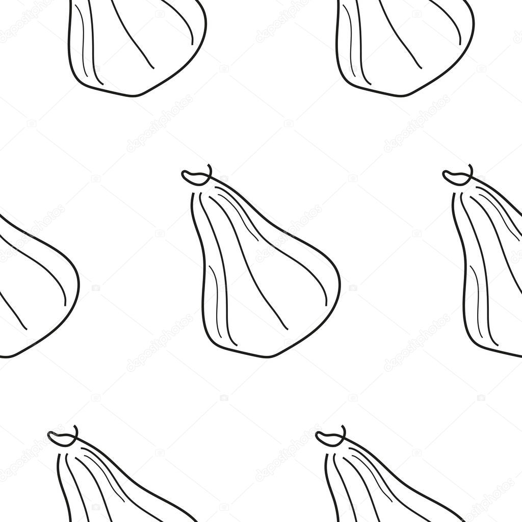 Pattern with a simple icon in line art style with a round ripe pumpkin of an oblong shape drawn with several lines without a background, for logos or patterns