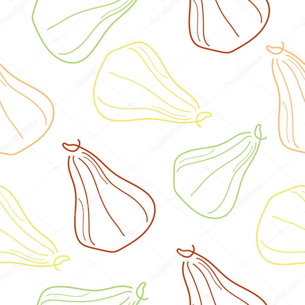 Seamless pattern with a simple icon in line art style with a round ripe pumpkin of an oblong shape drawn with several multi-colored lines without a background, for logos or patterns