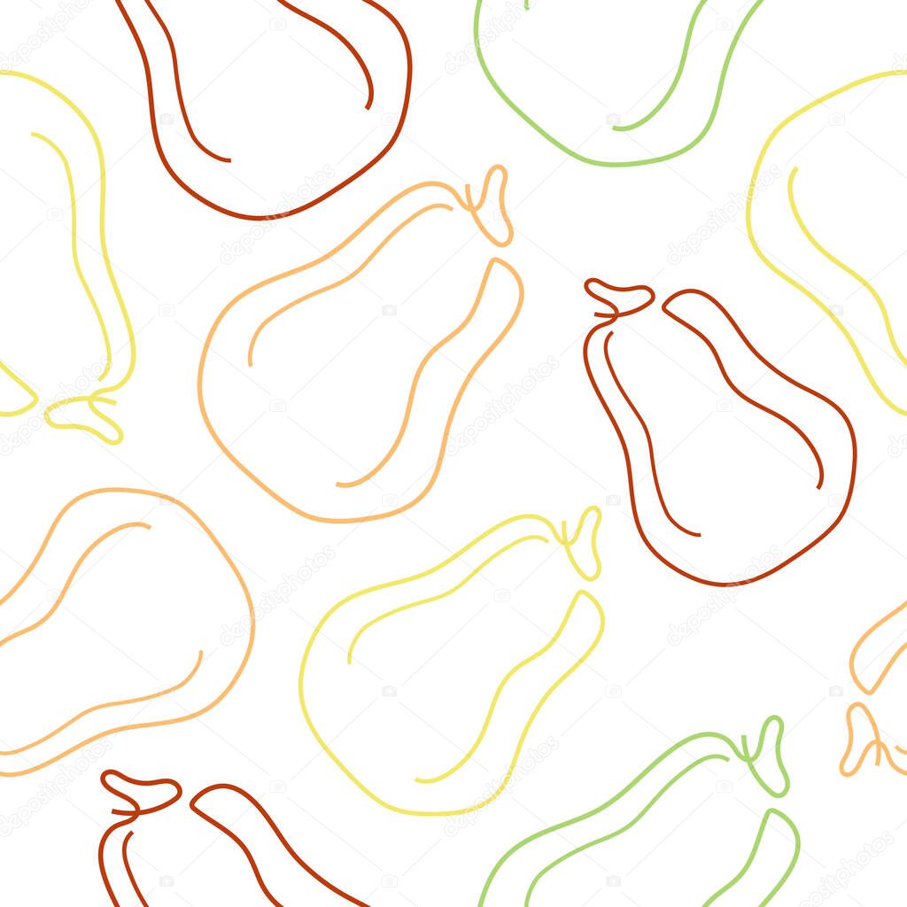 Seamless pattern with simple line art style icon with ripe colorful long-shaped pumpkins without background, for logos or patterns