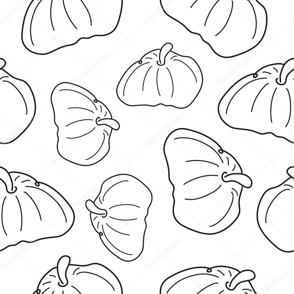 Seamless pattern with a simple icon in line art style with a pumpkin of a round shape drawn with several lines without a background, for logos or patterns