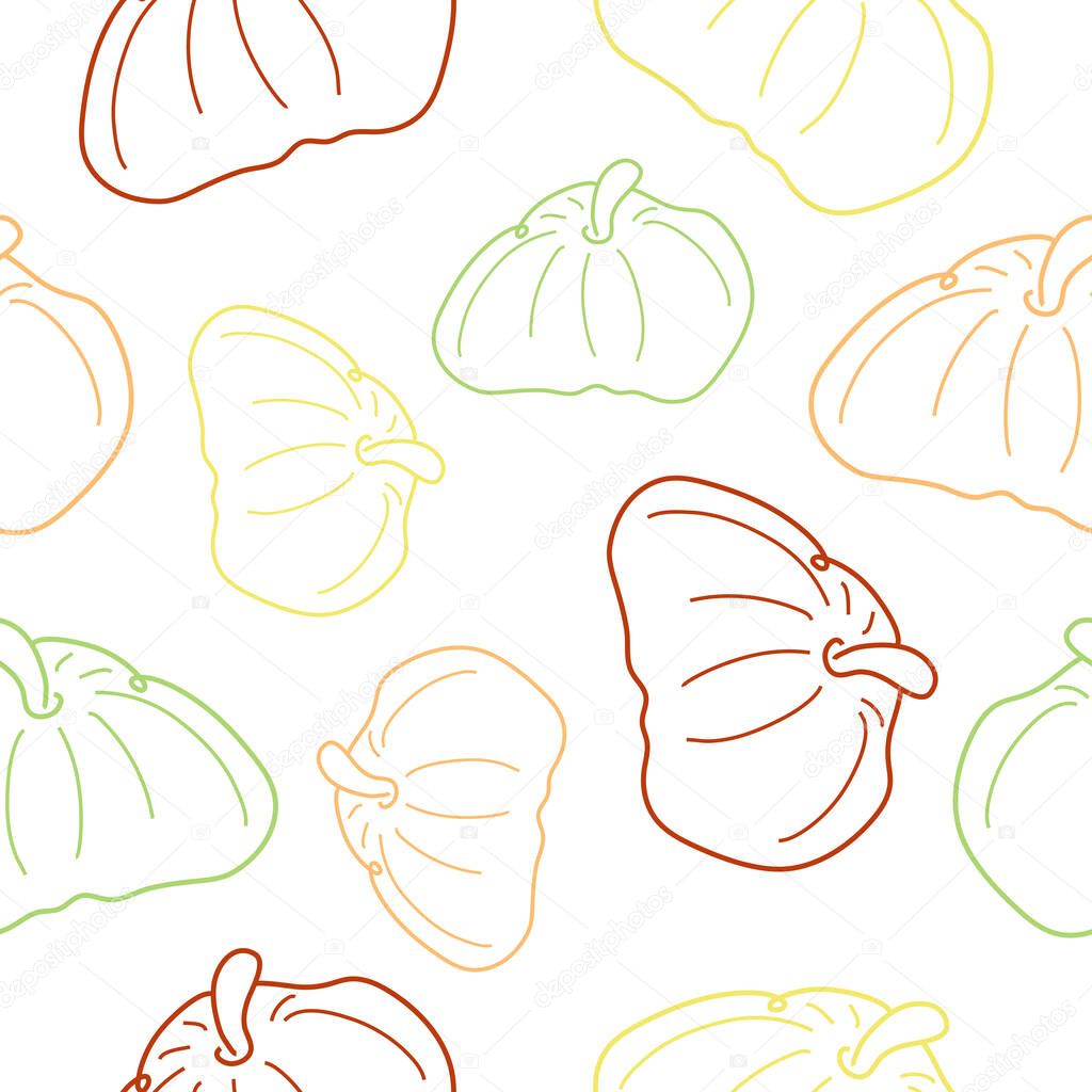 Seamless pattern with a simple line art icon with a round pumpkin drawn with several colorful lines without a background, for logos or patterns
