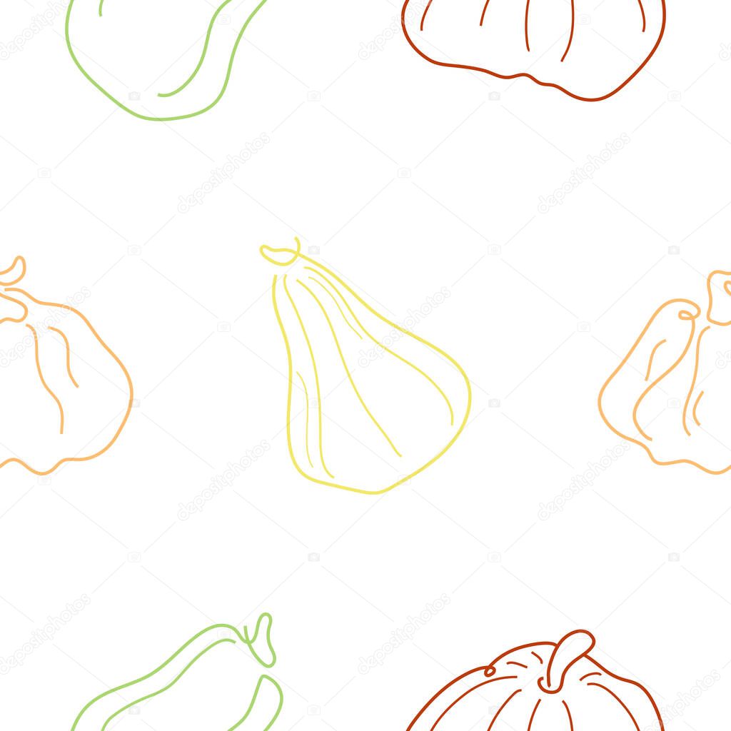 Pattern with a set of pumpkins of various shapes in line art style drawn with several multi-colored lines, for logos or patterns