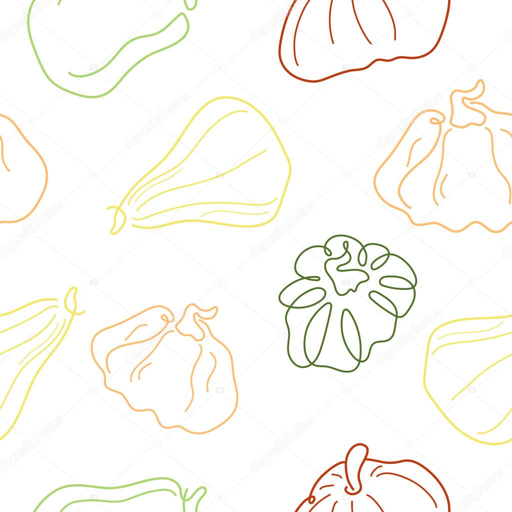 Seamless pattern with a set of pumpkins of various shapes in line art style drawn with several multi-colored lines, for logos or patterns