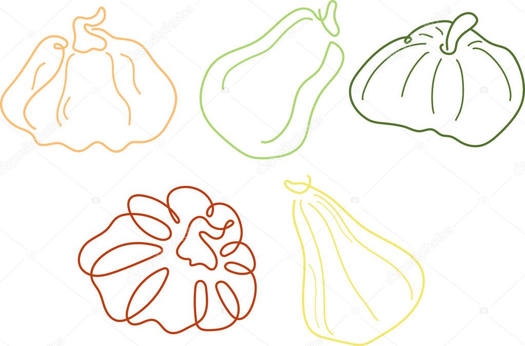 Set of pumpkins of various shapes in line art style drawn with several multi-colored lines, for logos or patterns