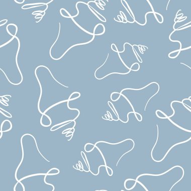 Minimalist bir şekilde sarmal kabuklu desen, mavi arka planda elle çizilmiş şekil, çeşitli yaz tasarımları için rastgele düzenlenmiş.