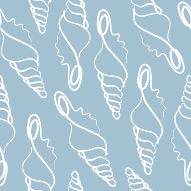 Değişik yaz tasarımları için mavi arka planda soyut deniz kabukları olan kusursuz vektör deseni.