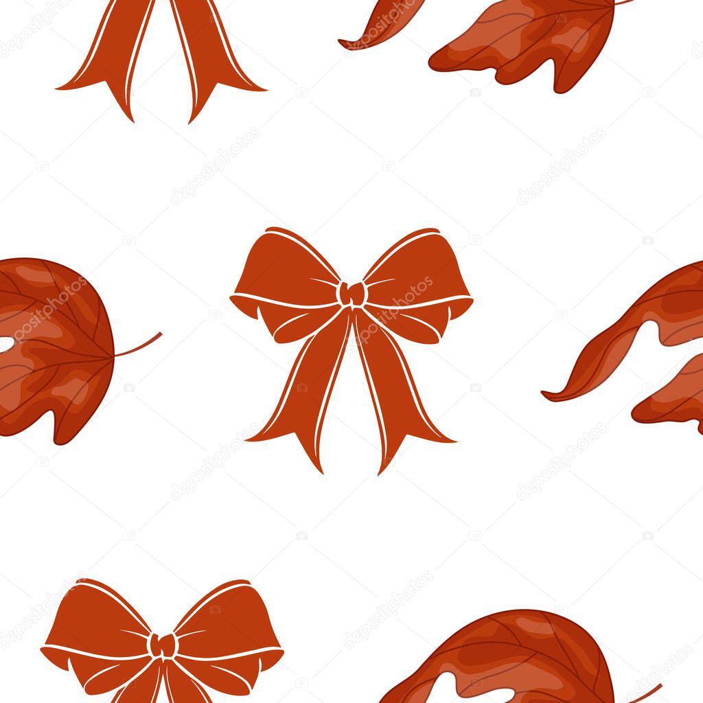 Seamless pattern with red bows and maple leaves which are a symbol of Canada on a white background for Canada Day, for various summer designs