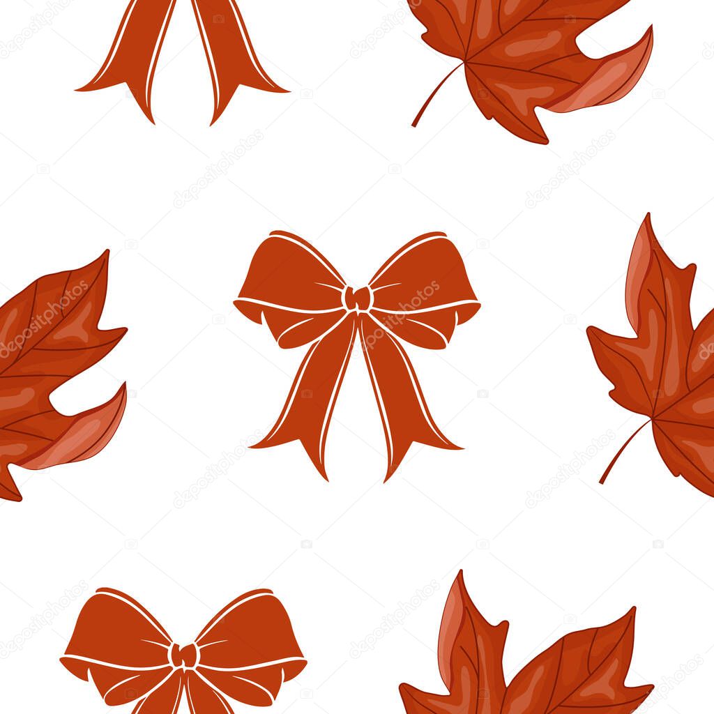 Seamless vector pattern with red decorative bows and autumn leaves for Canada Day on a white background