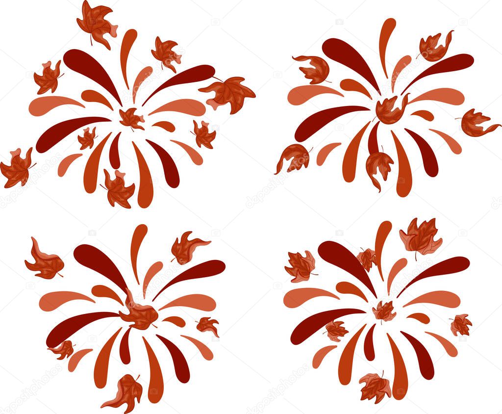 Set of fireworks in different shades of orange with different maple leaves, for Canada Day