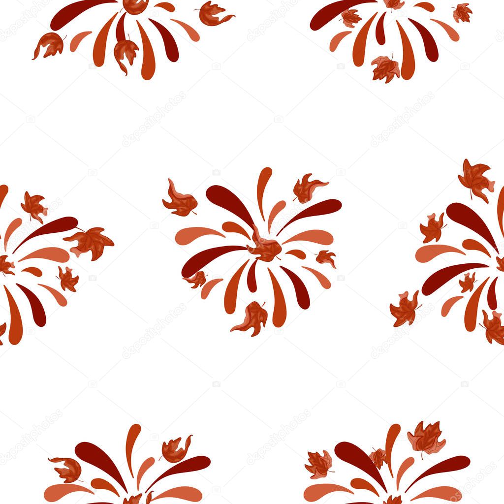 Pattern of fireworks in different shades of orange with different maple leaves, for Canada Day