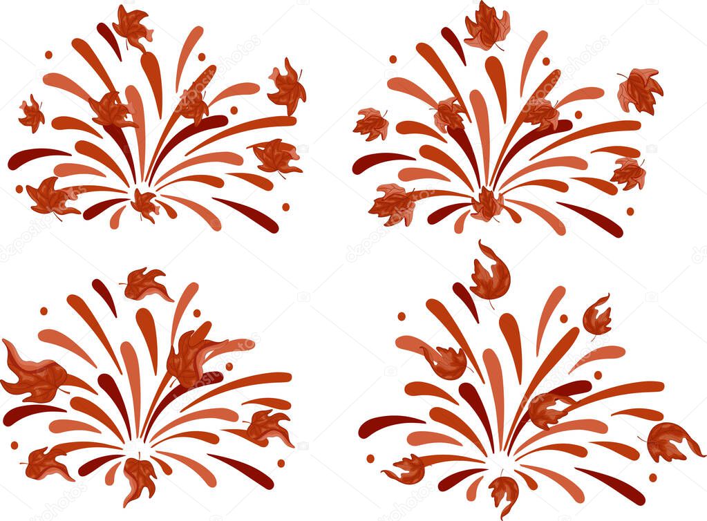 Set of fireworks in different shades of orange with different maple leaves of different shapes and colors, for Canada Day