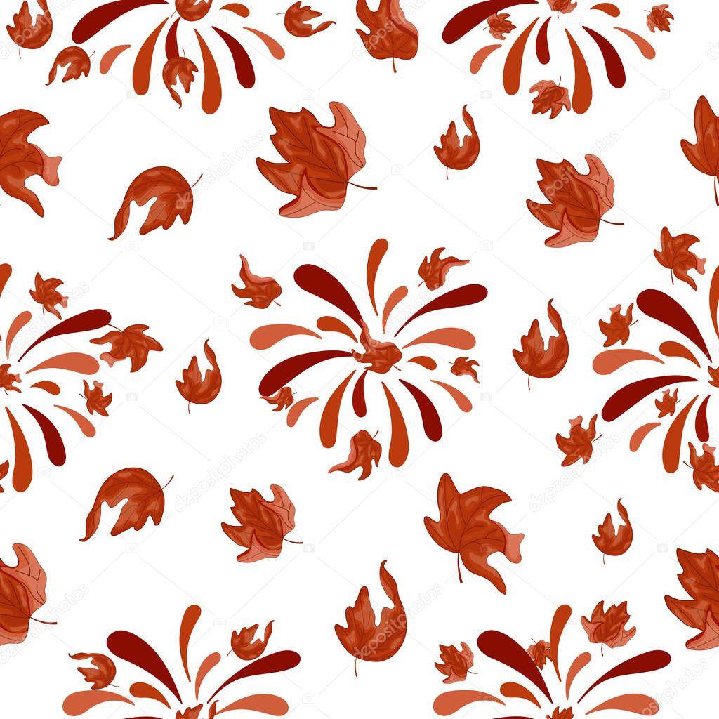 Pattern with fireworks in different shades of orange with different maple leaves and the leaves themselves from under the tree, for Canada Day