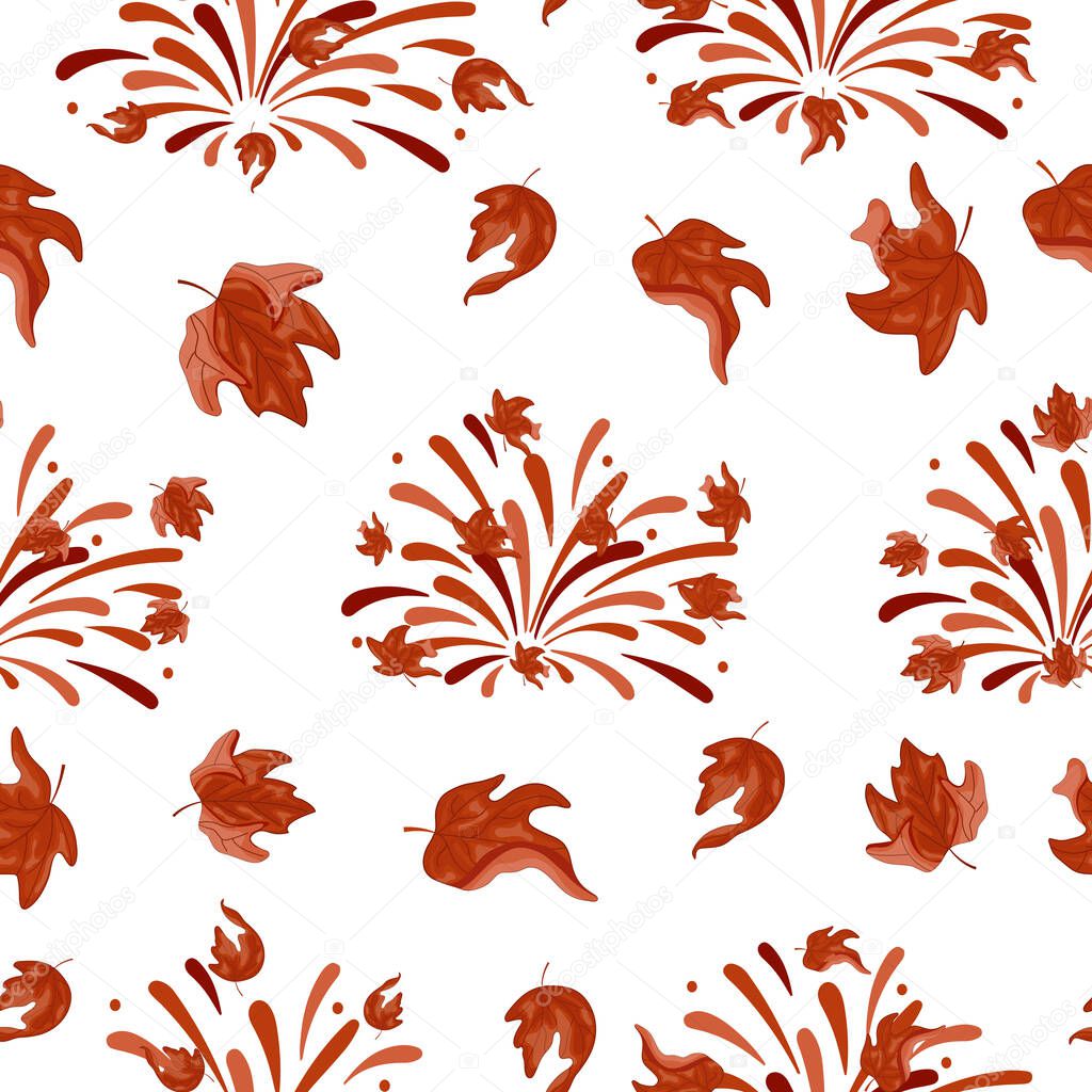 Pattern of fireworks in different shades of orange with different maple leaves of different shapes and colors and the leaves themselves from under the tree, for Canada Day