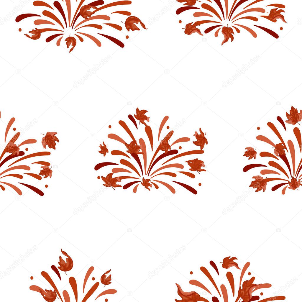 Pattern of fireworks in different shades of orange with different maple leaves of different shapes and colors, for Canada Day