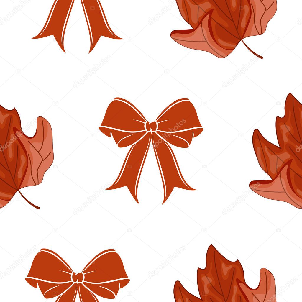 Elegant seamless pattern with traditional maple leaves and ribbon bows in Canadian red, for a variety of designs