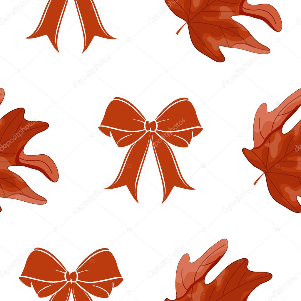 Repeating motif with maple leaves and festive bows in red, for a variety of designs