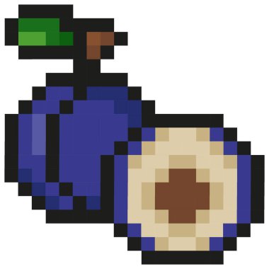 Piksel sanat tarzında bahçe meyvesi simgesi, yani erik ikonları, görünür kare pikselleri ve en düşük renk paleti ile retro 8-bit grafik biçimi