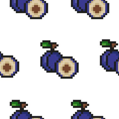 piksel sanat tarzı bahçe meyve deseni, erik simgeleri, görünür kare pikseller ve en düşük renk paleti ile retro 8-bit grafik biçimi
