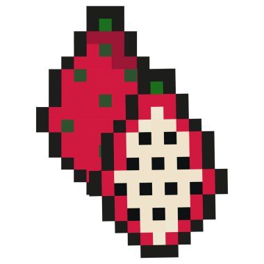 piksel sanat tarzı egzotik meyve ikonu, yani ejderha meyve ikonları, görülebilir kare pikseller ve en düşük renk paleti ile retro 8-bit grafik tarzı