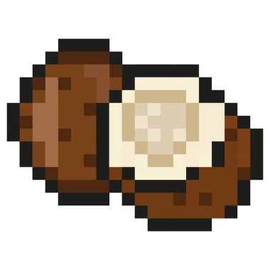 Piksel resim tarzında egzotik bir meyvenin simgesi, yani hindistan cevizi simgeleri, görünür kare pikselleri ve en düşük renk paleti olan 8- bit grafiklerin retro tarzı
