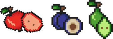 Piksel sanat tarzı bahçe meyveleri seti, yani elma, armut ve erik simgeleri, görünür kare pikselleri ve en düşük renk paleti ile retro 8-bit grafik biçimi