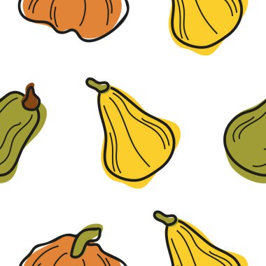 Sonbahar tatilleri, reklamlar ve mevsimsel ambalajlar için değişik şekil ve renklerdeki balkabaklarının şirin basit simgelerinin deseni