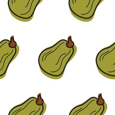 Çizgi film karalama tarzında uzun, yeşil balkabağı ikonlu şirin desenler. Sonbahar tatilleri, reklamlar ve mevsimsel ambalajlar için.