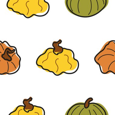 Sonbahar tatilleri, reklamlar ve mevsimsel ambalajlar için çeşitli yuvarlak şekilli ve çeşitli renkte şirin basit balkabaklarının deseni
