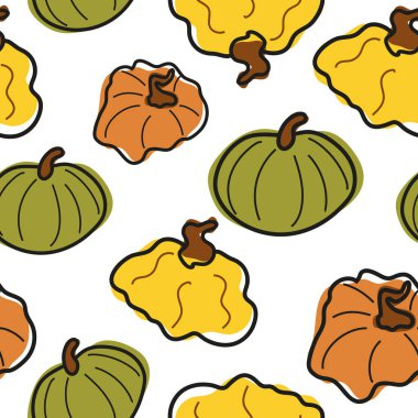 Sonbahar tatilleri, reklamlar ve mevsimsel ambalajlar için çeşitli renkler ve yuvarlak şekilli balkabaklarının kusursuz desenleri.