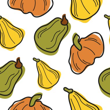 Sonbahar tatilleri, reklamlar ve mevsimsel ambalajlar için gelişigüzel düzenlenmiş değişik şekil ve renklerdeki tatlı basit balkabaklarının kusursuz desenleri.