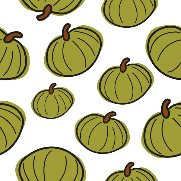 Güz tatilleri, reklamlar ve mevsimsel ambalajlar için karikatür karalama tarzında şirin, yuvarlak, yeşil balkabağı ikonu ile kusursuz desen.